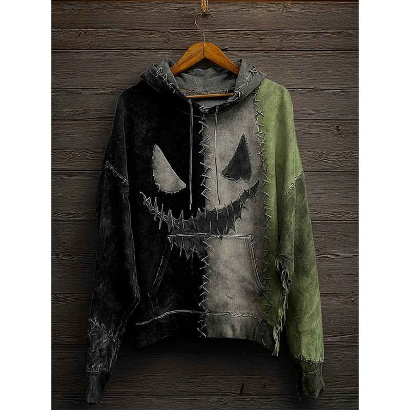 Halloween Spooky Face Contrast Colorblock Patchwork Hoodie