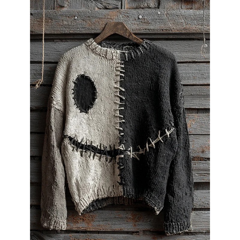 Halloween Spooky Face Contrast Stitched Cozy Knit Sweater
