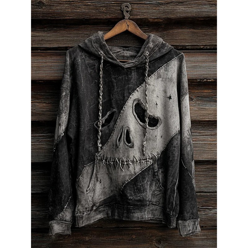 Halloween Skull Face Colorblock Stitched Washed Hoodie