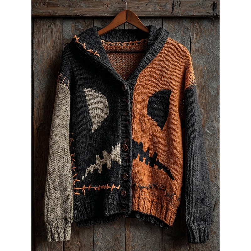 Halloween Spooky Face Contrast Stitched Cozy Knit Hooded Cardigan