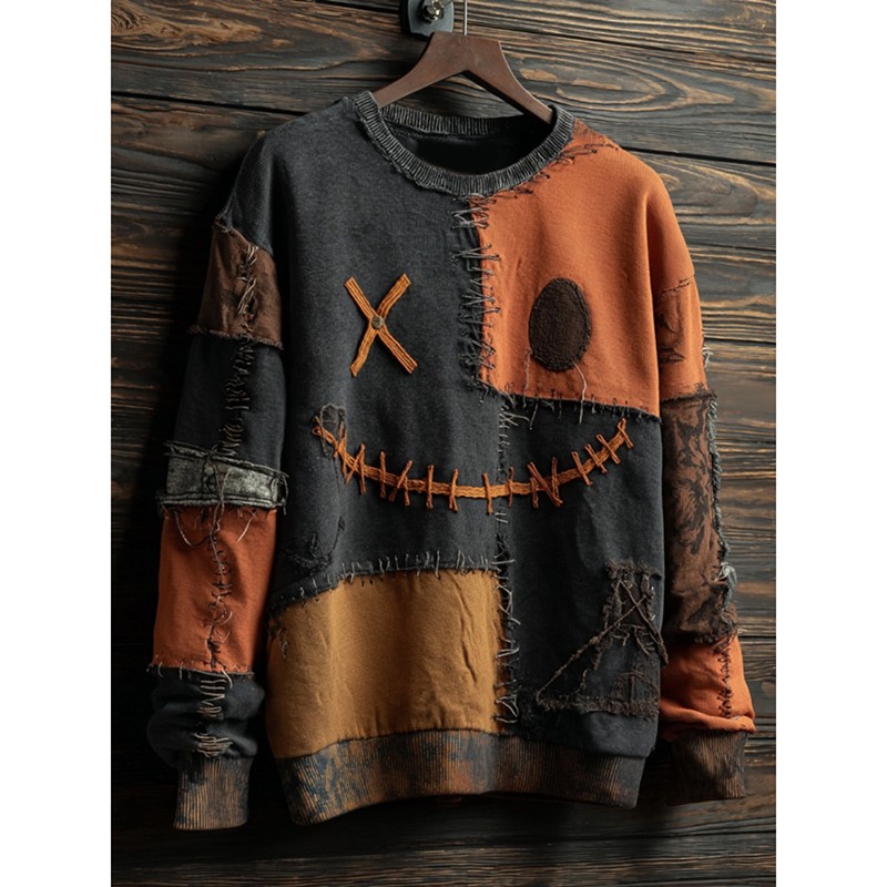 Men's Halloween Smiley Face Colorblock Warm Sweatshirt