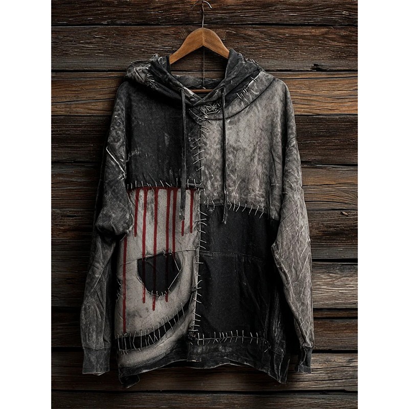 Halloween Bleeding Spooky Face Washed Patchwork Hoodie