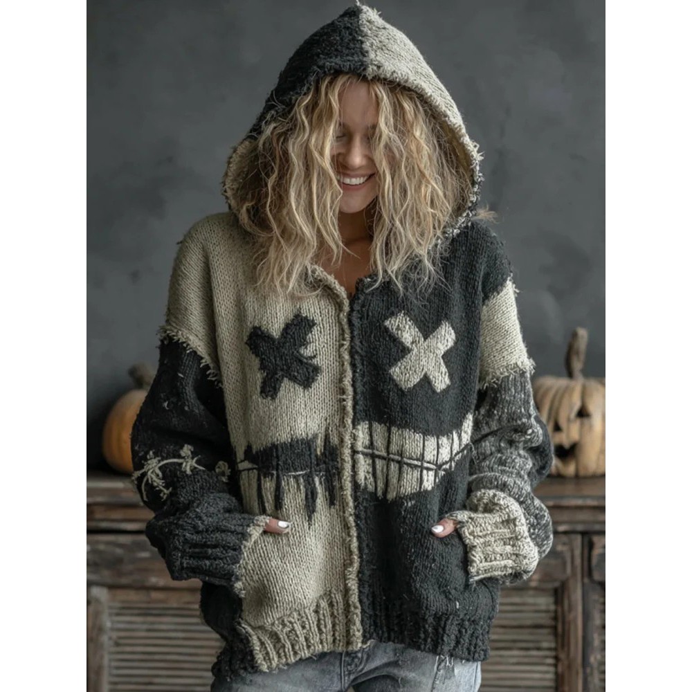 Halloween Spooky Face Patchwork Art Cozy Knit Hooded Cardigan