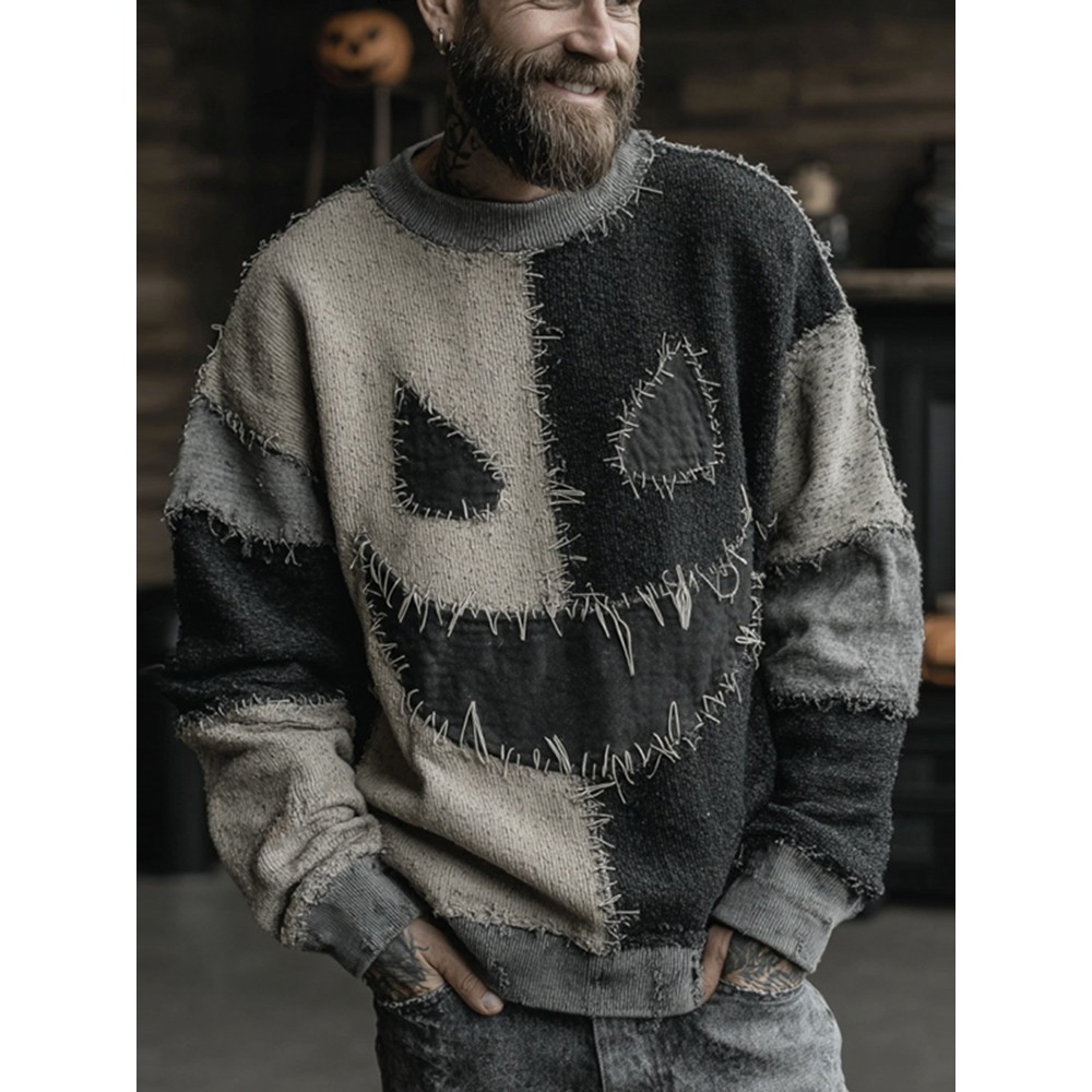 Men's Halloween Spooky Face Colorblock Stitched Cozy Knit Sweater