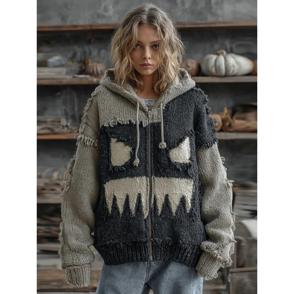 Halloween Pumpkin Face Patchwork Art Cozy Knit Hooded Cardigan