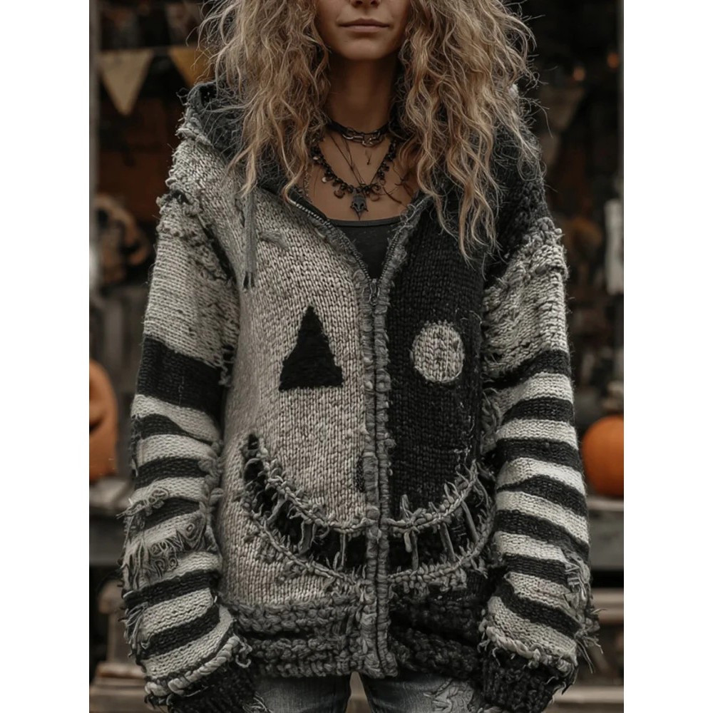 Halloween Pumpkin Face Patchwork Art Cozy Knit Hooded Cardigan