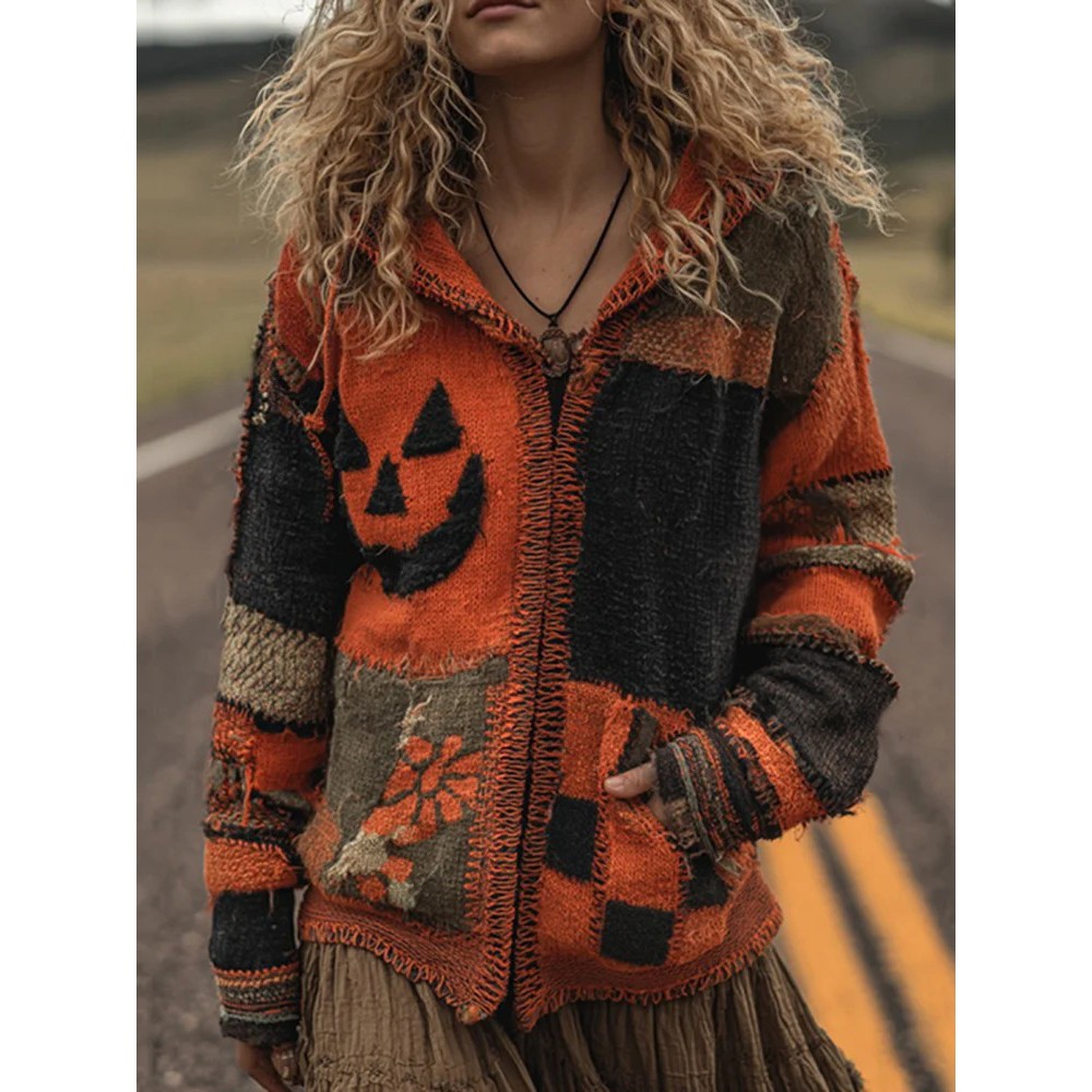 Patchwork Halloween Pumpkin Face Art Cozy Knit Hooded Cardigan