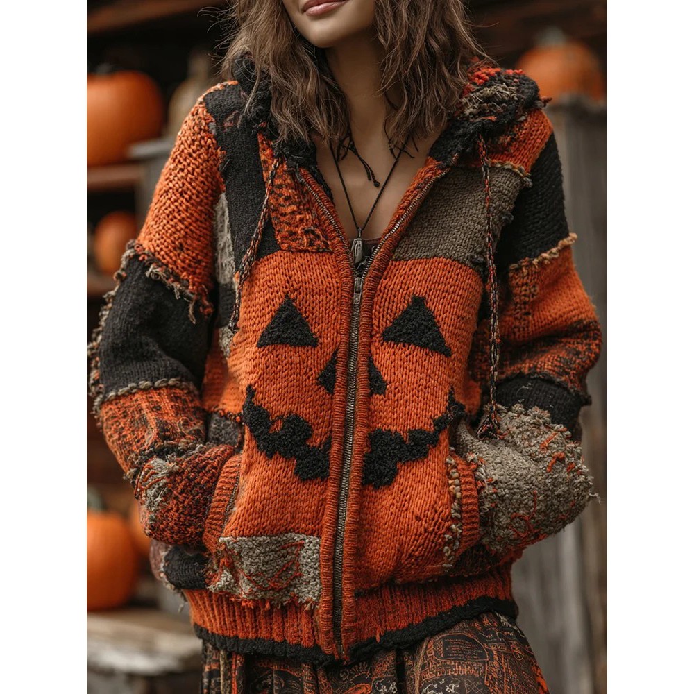 Patchwork Halloween Pumpkin Face Art Cozy Knit Hooded Cardigan