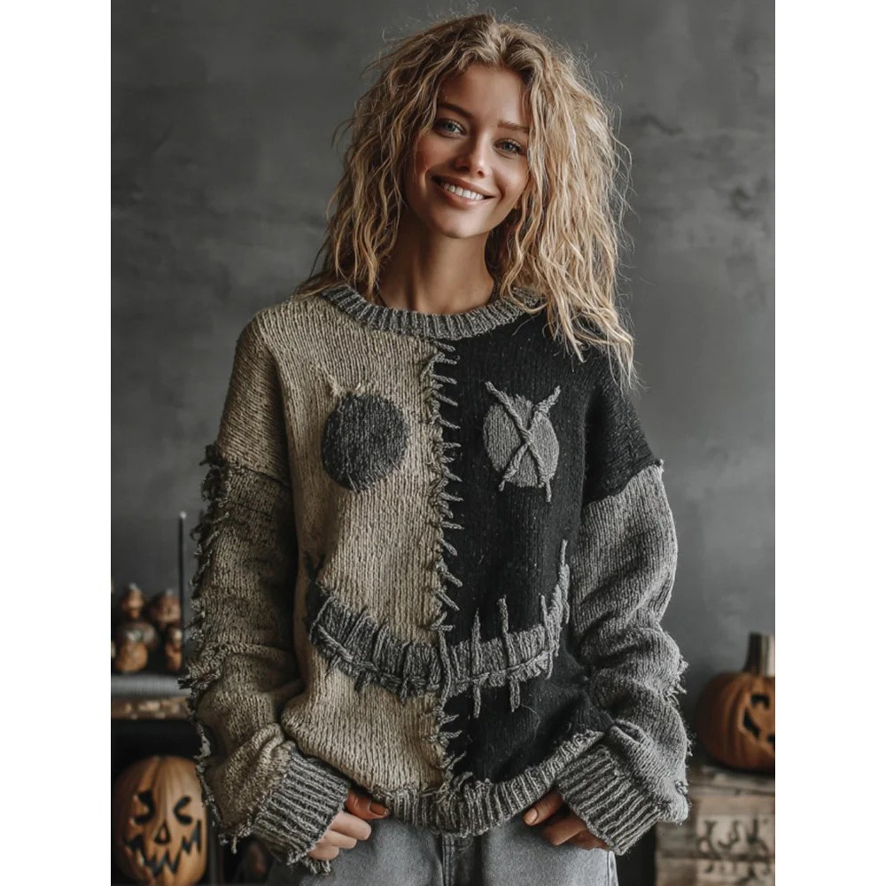 Halloween Pumpkin Face Art Cozy Knit Sweater