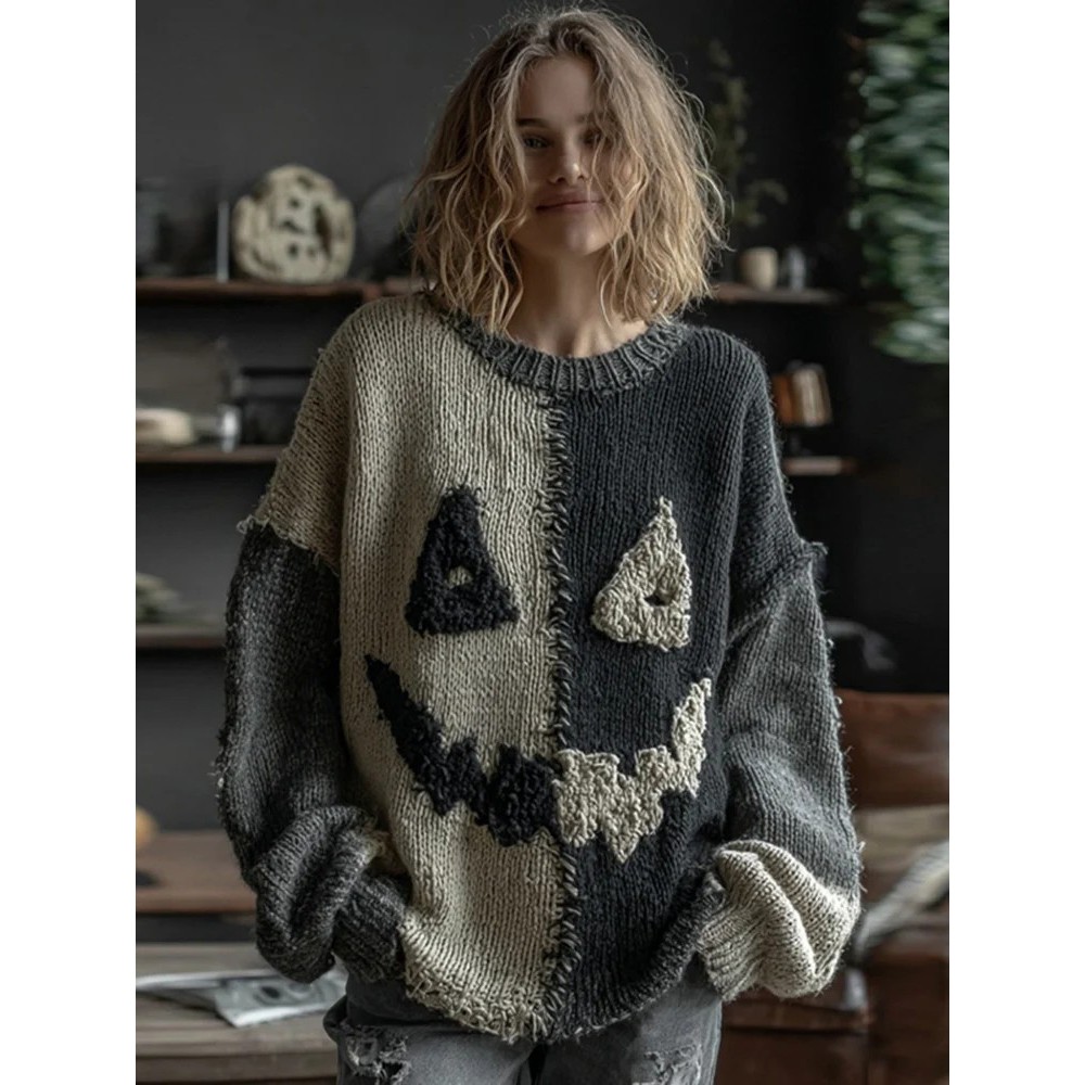 Halloween Spooky Face Colorblock Stitched Cozy Knit Sweater