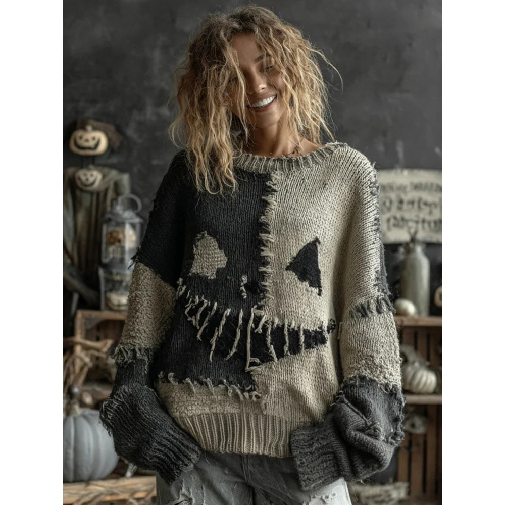Women's Halloween Pumpkin Face Patchwork Cozy Knit Sweater