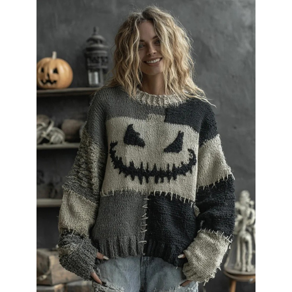 Halloween Pumpkin Face Patchwork Art Cozy Knit Sweater