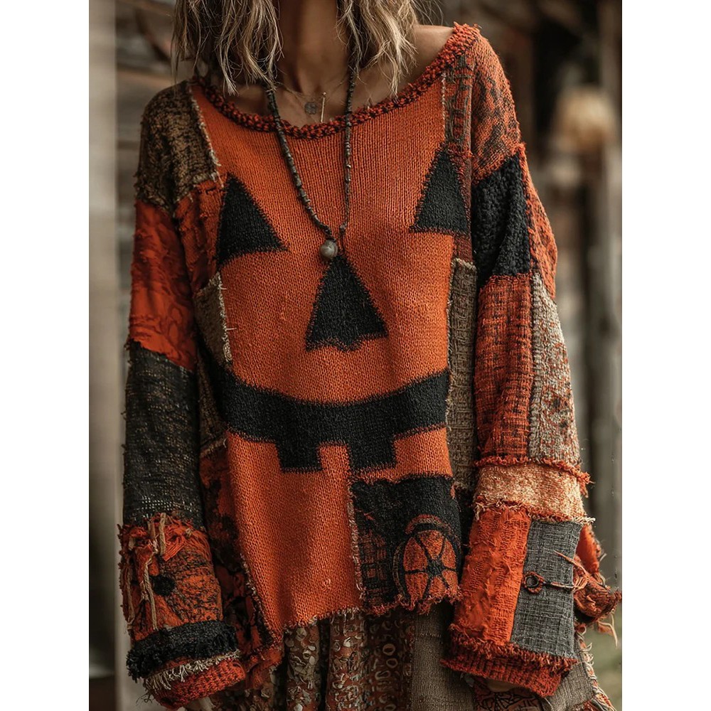 Halloween Pumpkin Face Art Cozy Knit Sweater