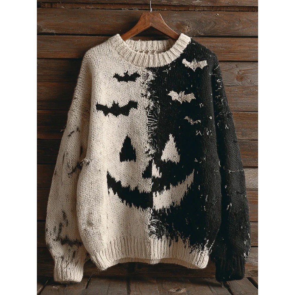 Vintage Halloween Pumpkin Face & Bats Contrast Color Knitted Sweater