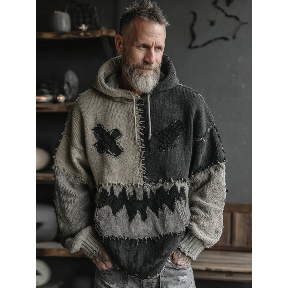 Men's Halloween Spooky Face Colorblock Stitched Hooded Cozy Knit Sweater