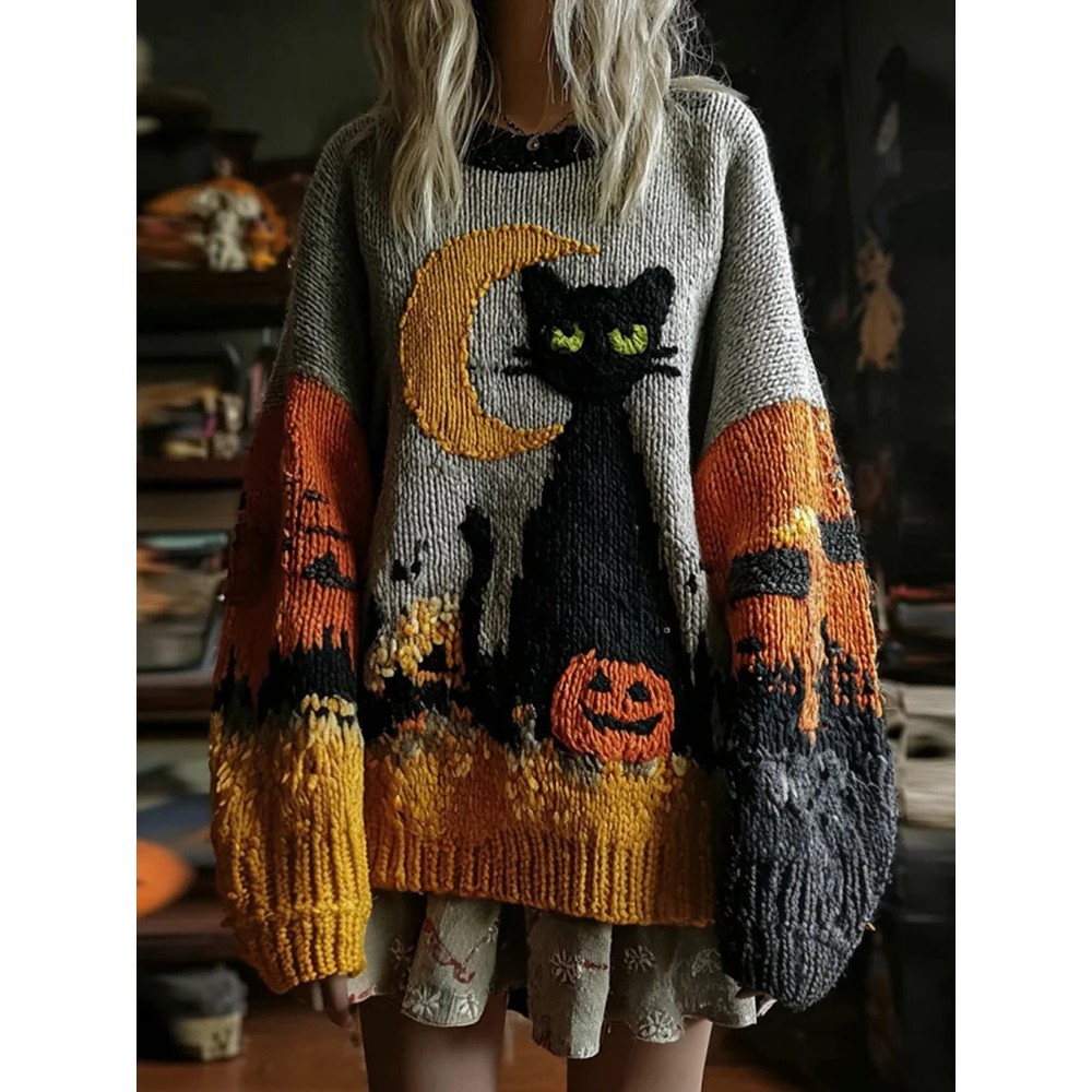 Halloween Black Cat And Pumpkin Art Patch Cozy Knit Sweater