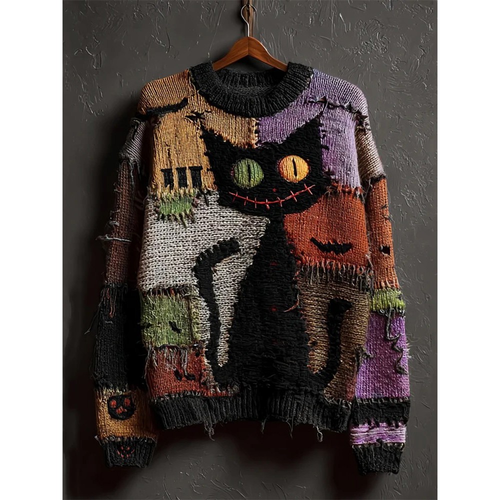 Halloween Black Colorblock Stitched Cozy Knit Sweater
