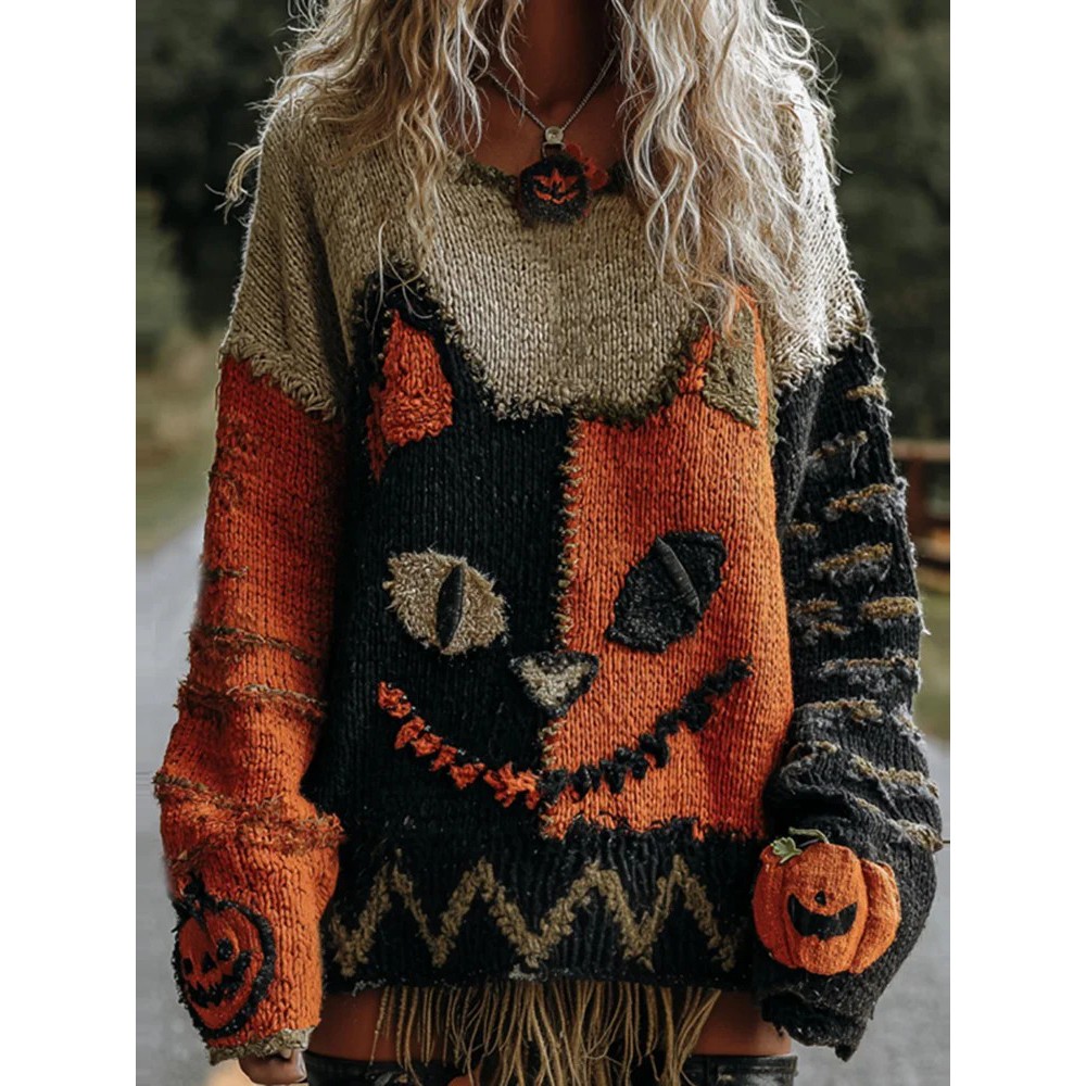 Halloween Cute Cat Face Art Cozy Knit Sweater