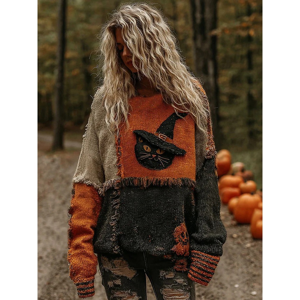 Halloween Pumpkin Witch Cat Face Art Cozy Knit Sweater