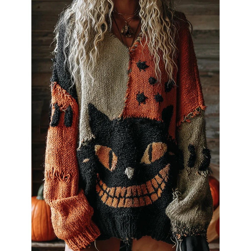 Halloween Cute Cat Face Art Cozy Knit Sweater