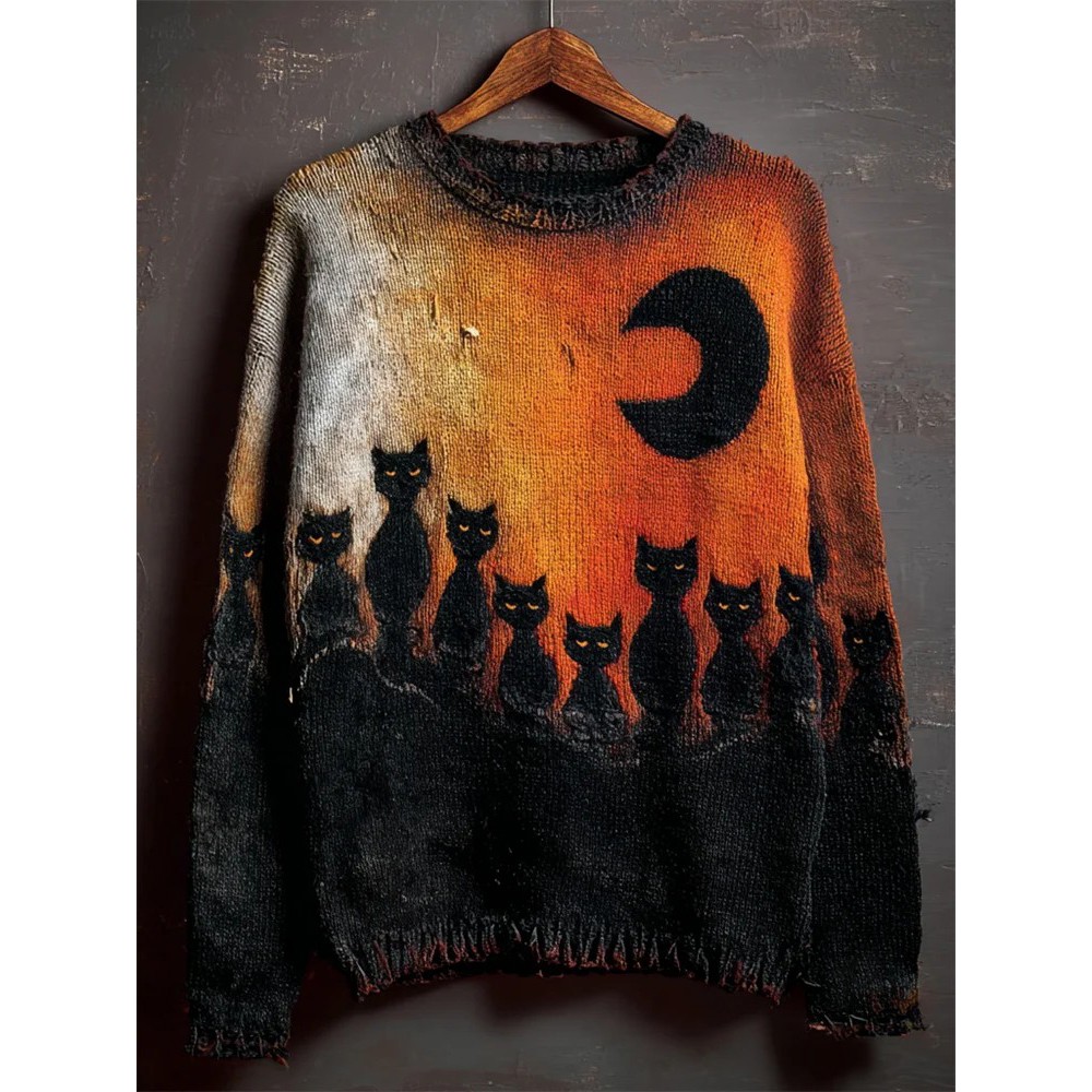 Halloween Night Black Cats Contrast Cozy Knit Sweater