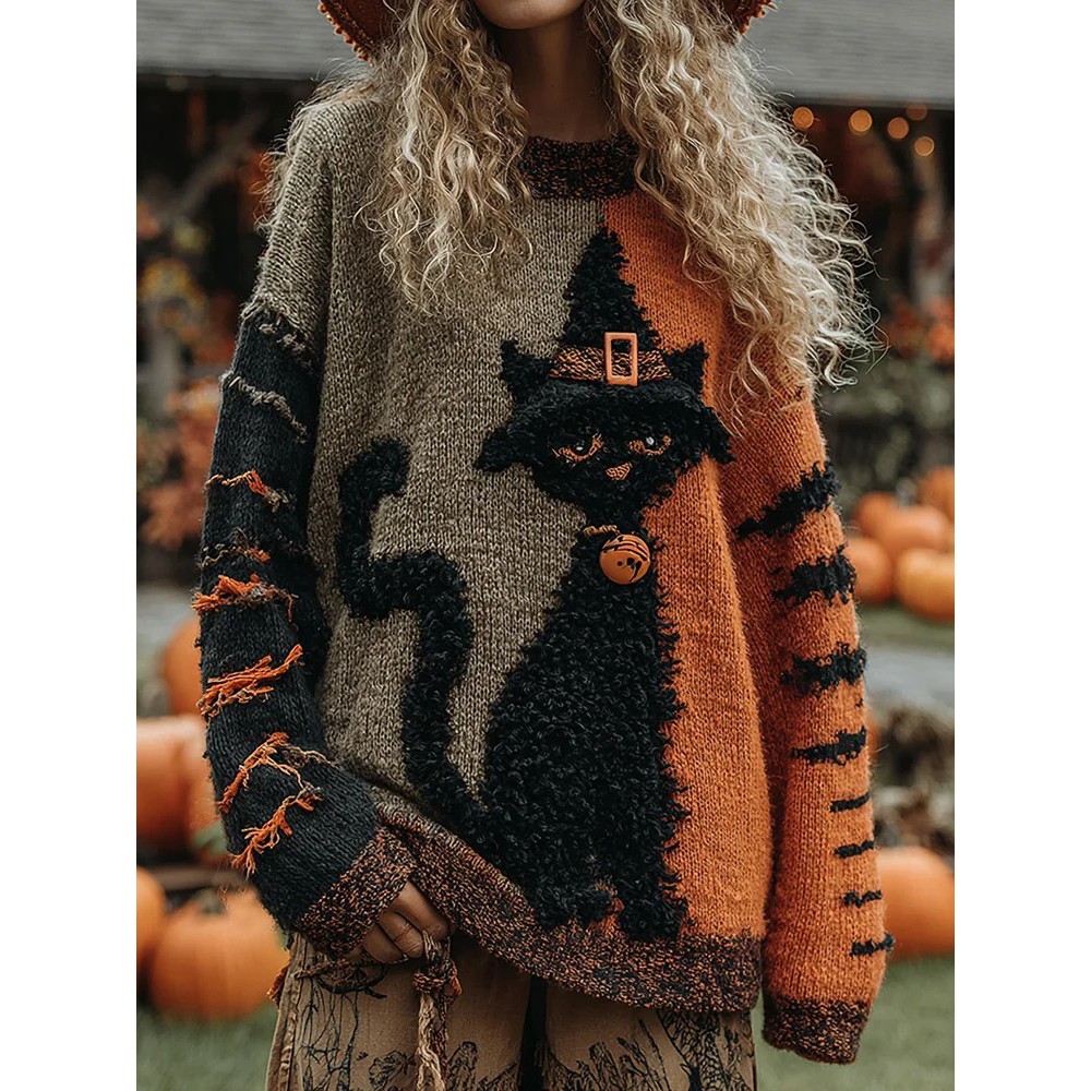 Halloween Cute Witch Cats Art Cozy Knit Sweater