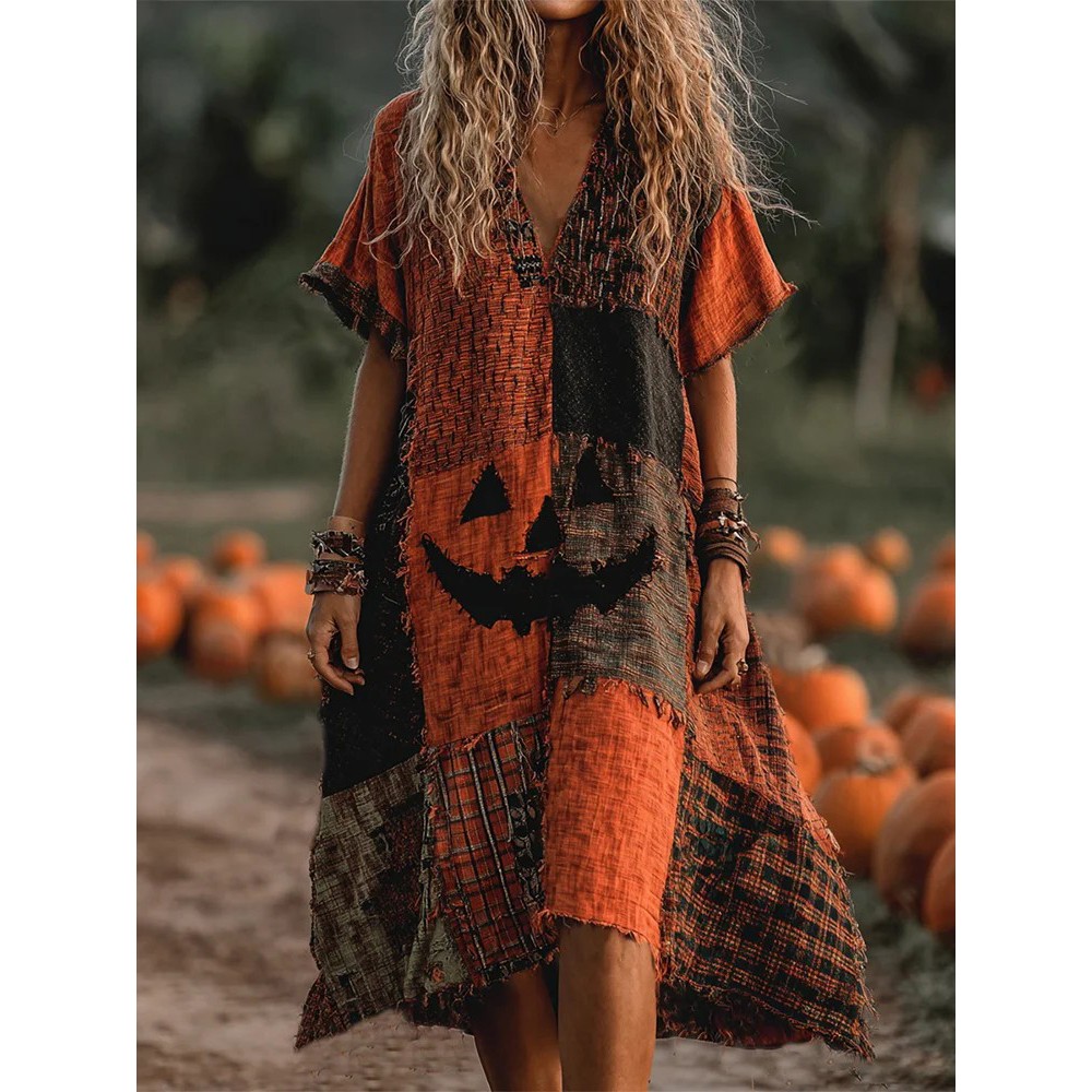 Vintage Halloween Pumpkin Face Patchwork Art Linen Midi Dress