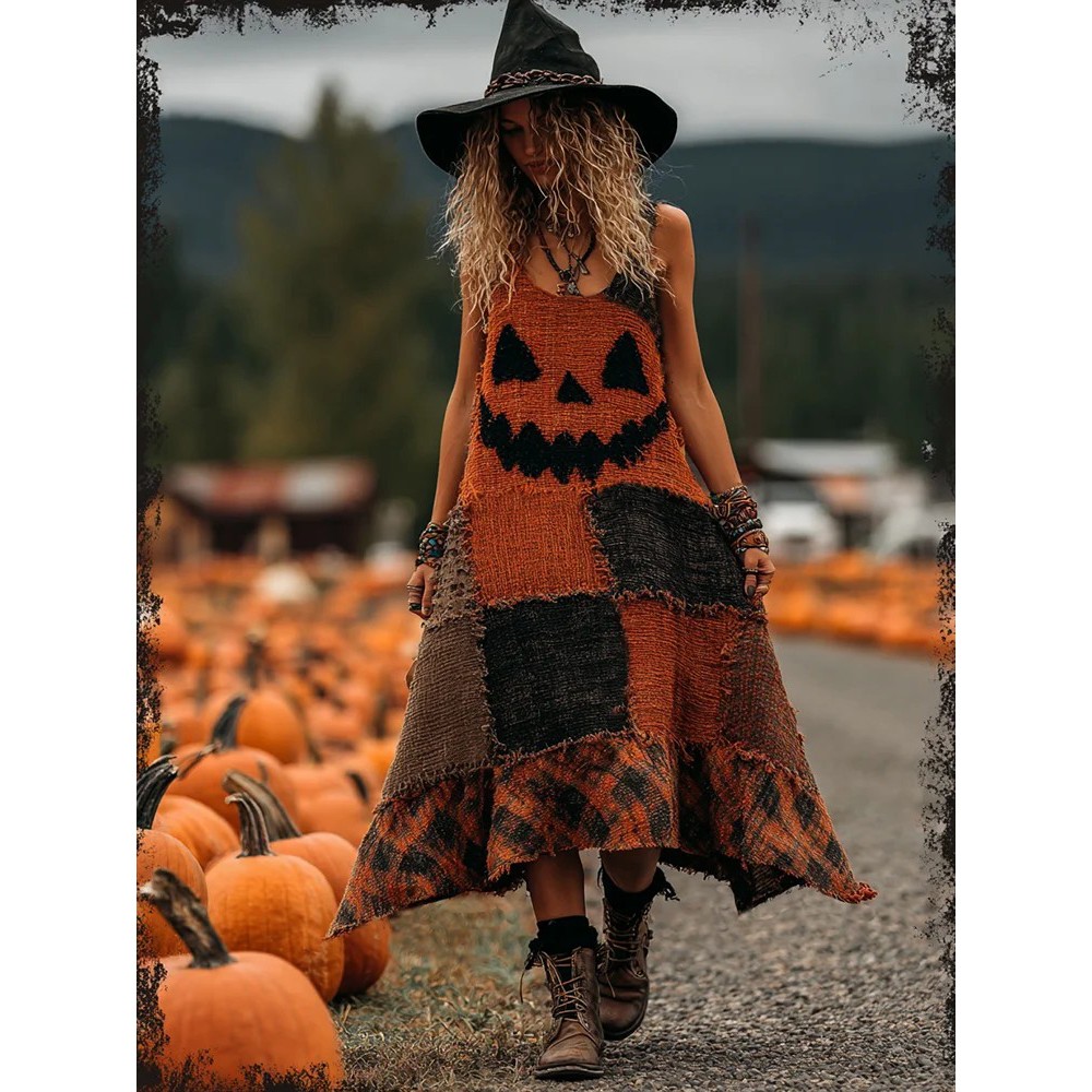 Vintage Halloween Pumpkin Face Patchwork Art Linen Sleeve Dress