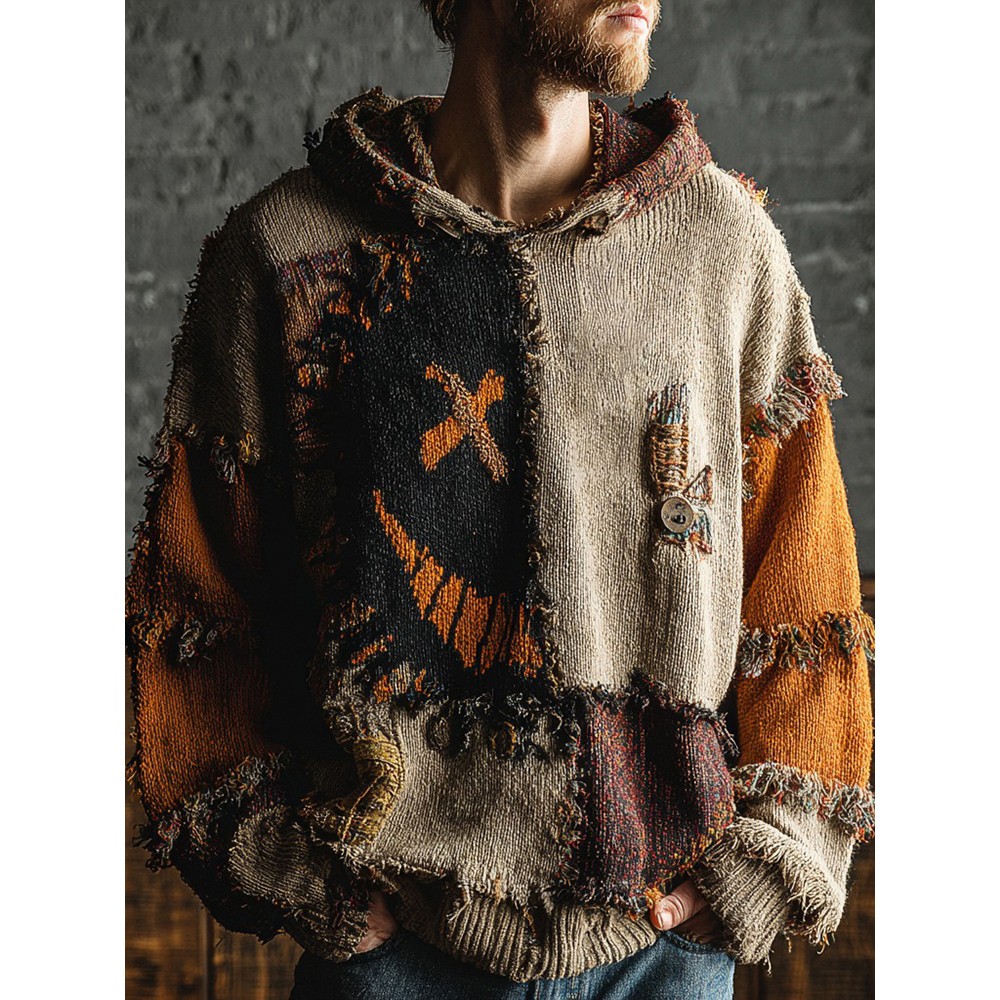 Men's Halloween Spooky Face Colorblock Stitched Hooded Cozy Knit Sweater