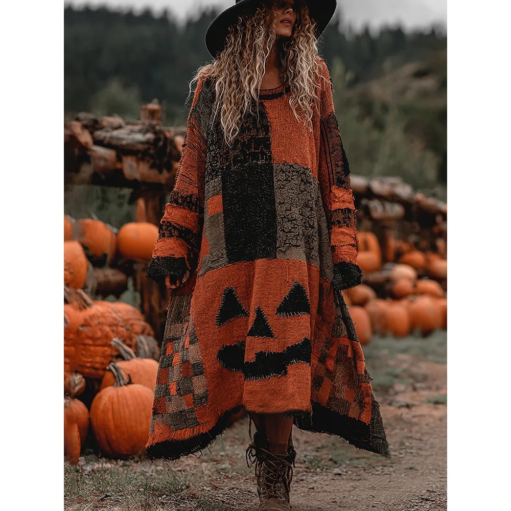 Vintage Halloween Pumpkin Face Patchwork Art Linen Long Sleeve Maxi Dress
