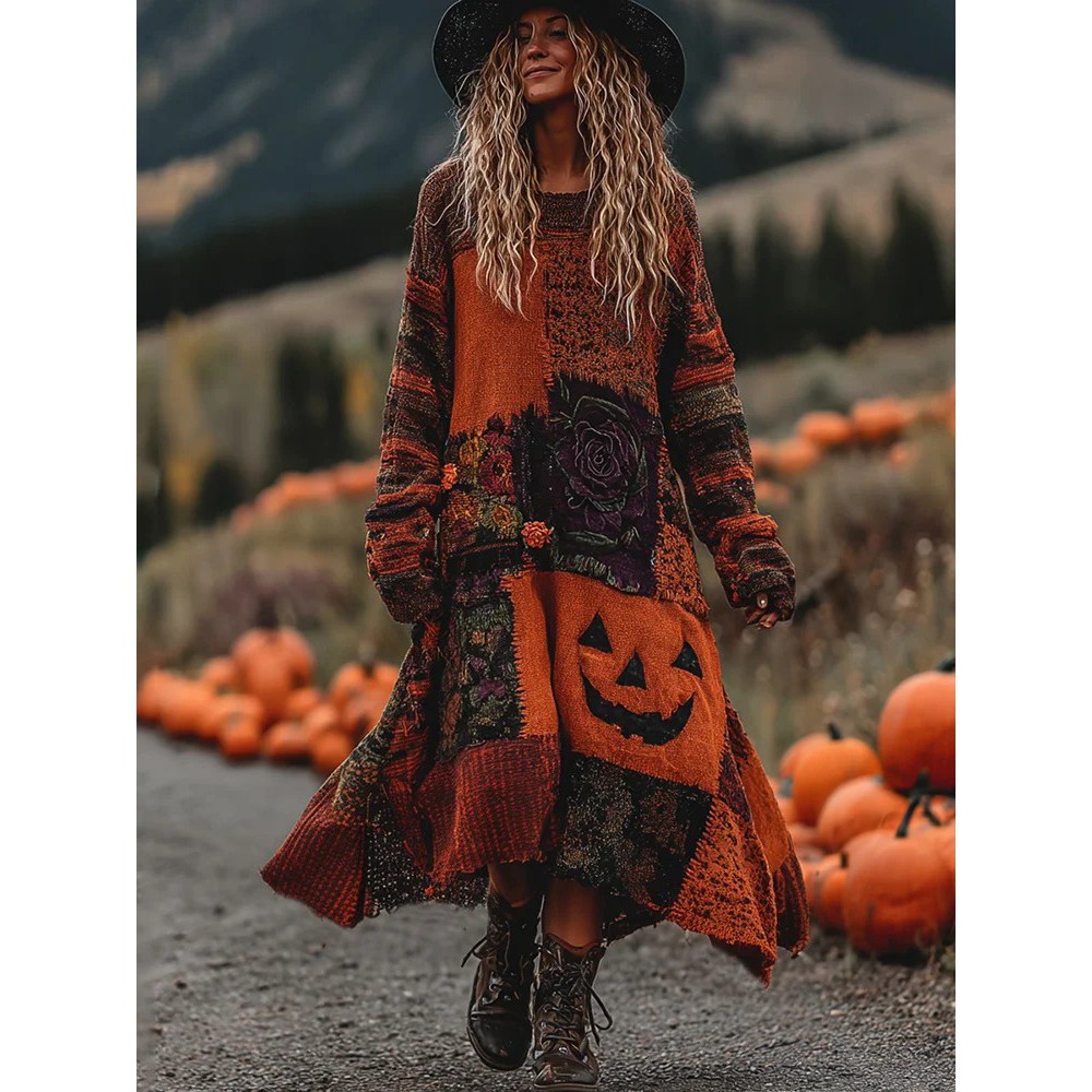 Vintage Halloween Pumpkin Face With Floral Patchwork Art Linen Cozy Knit Sweater Maxi Dress