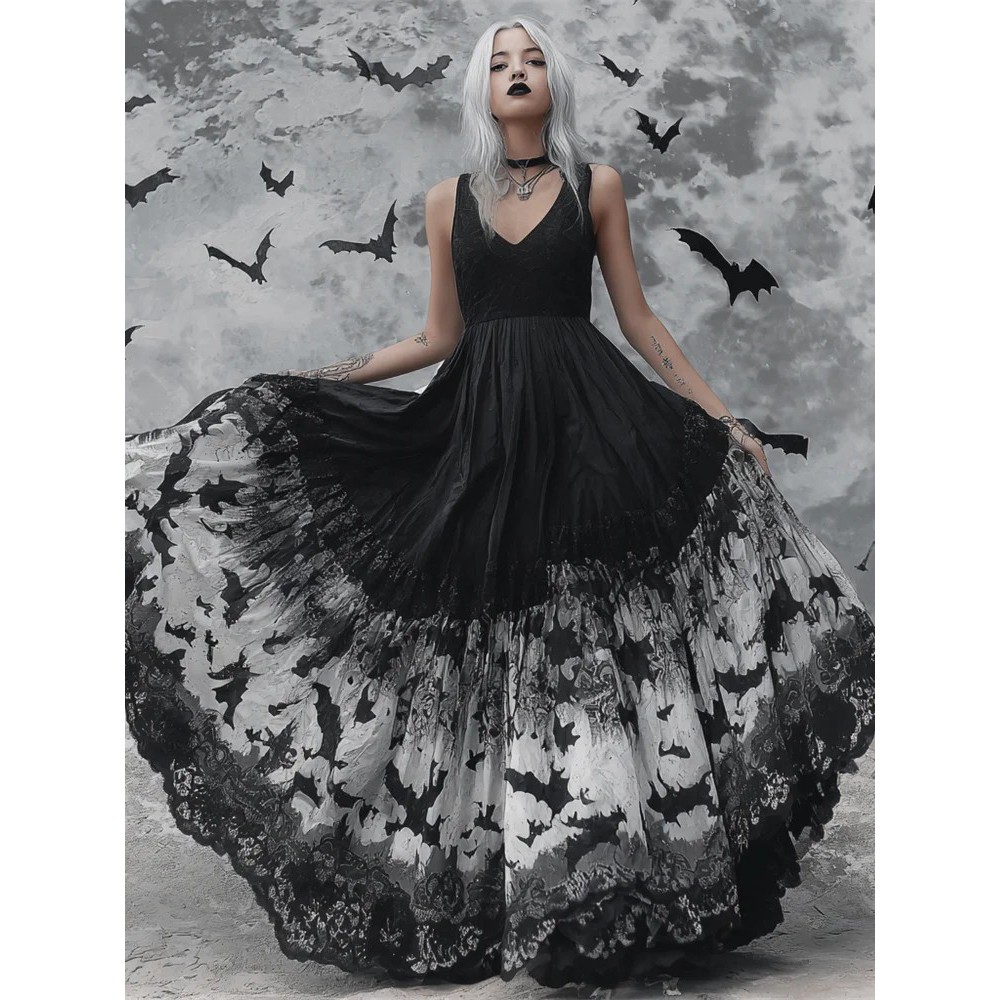 Halloween Bat Lace Gothic Art Women's Vest Maxi Dress