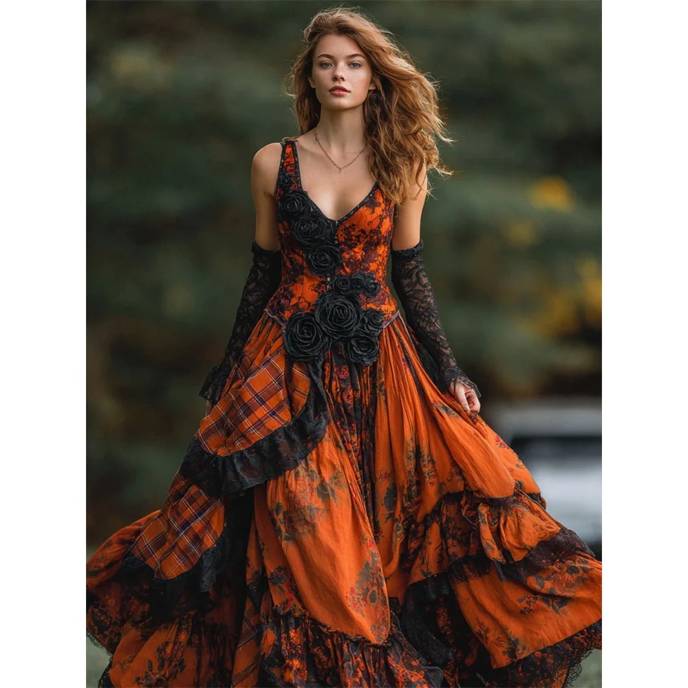 Vintage Gothic Black Roses Plaid Flowy Maxi Dress