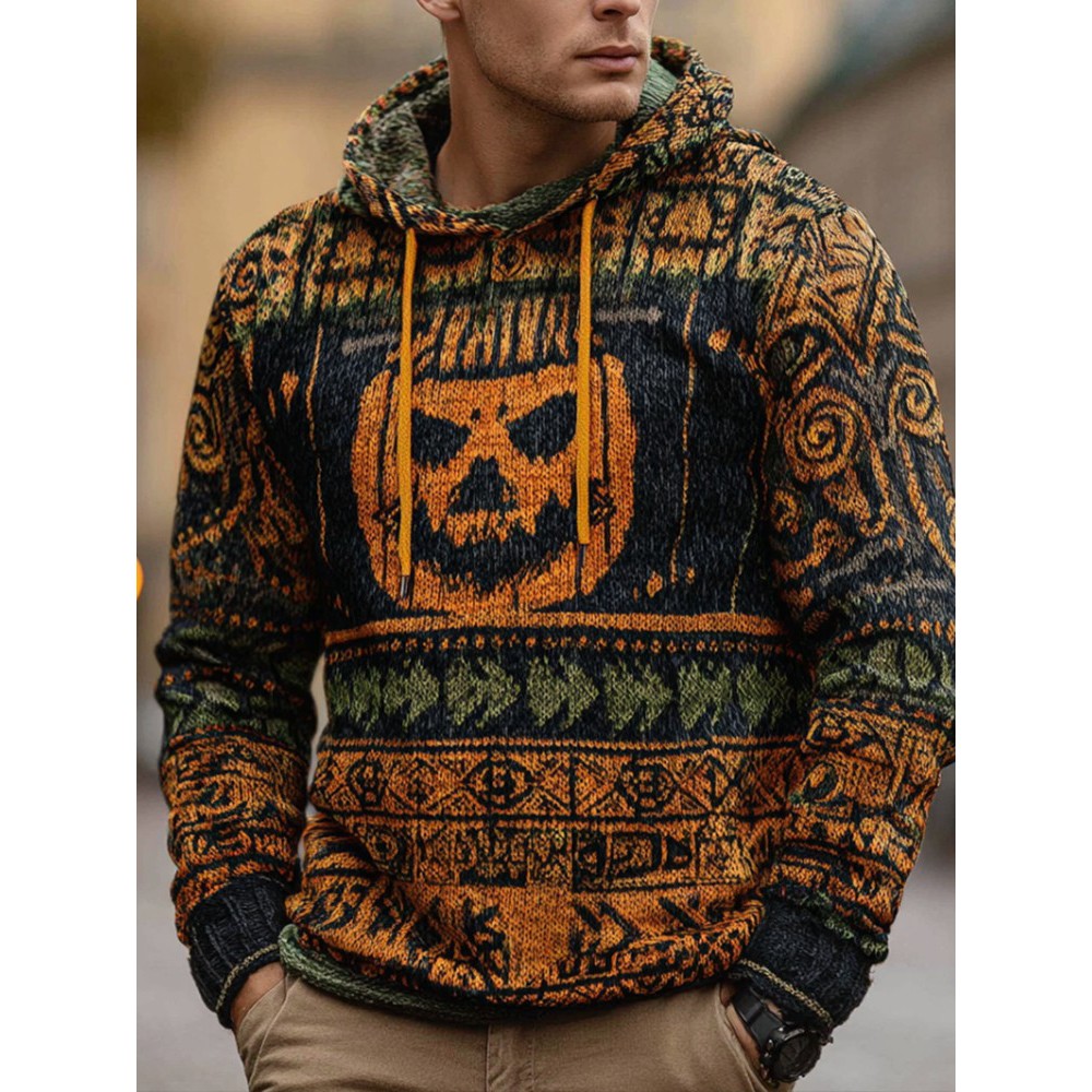 Halloween Pumpkin Element Men's Hooded Warm And Thick Warm Sweater