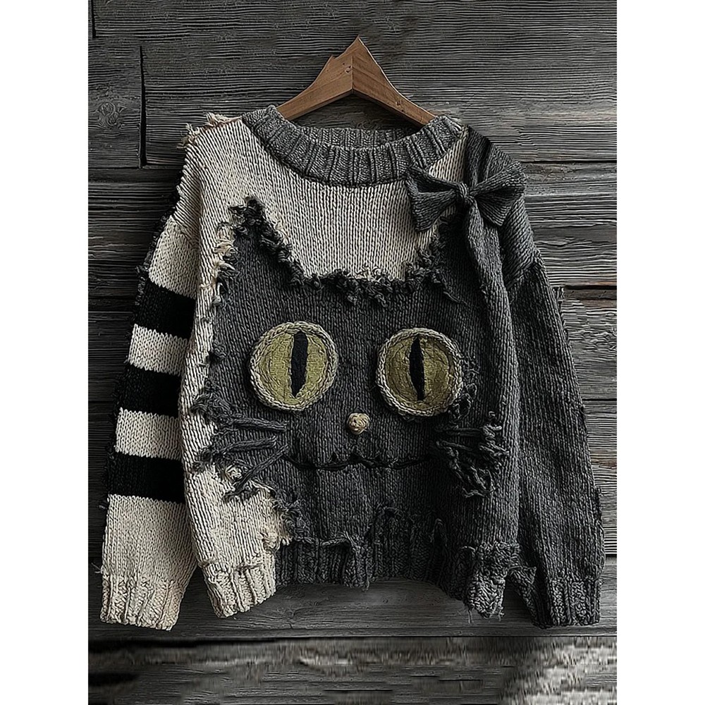 Halloween Cute Black Cat Striped Knitted Crew Neck Sweater