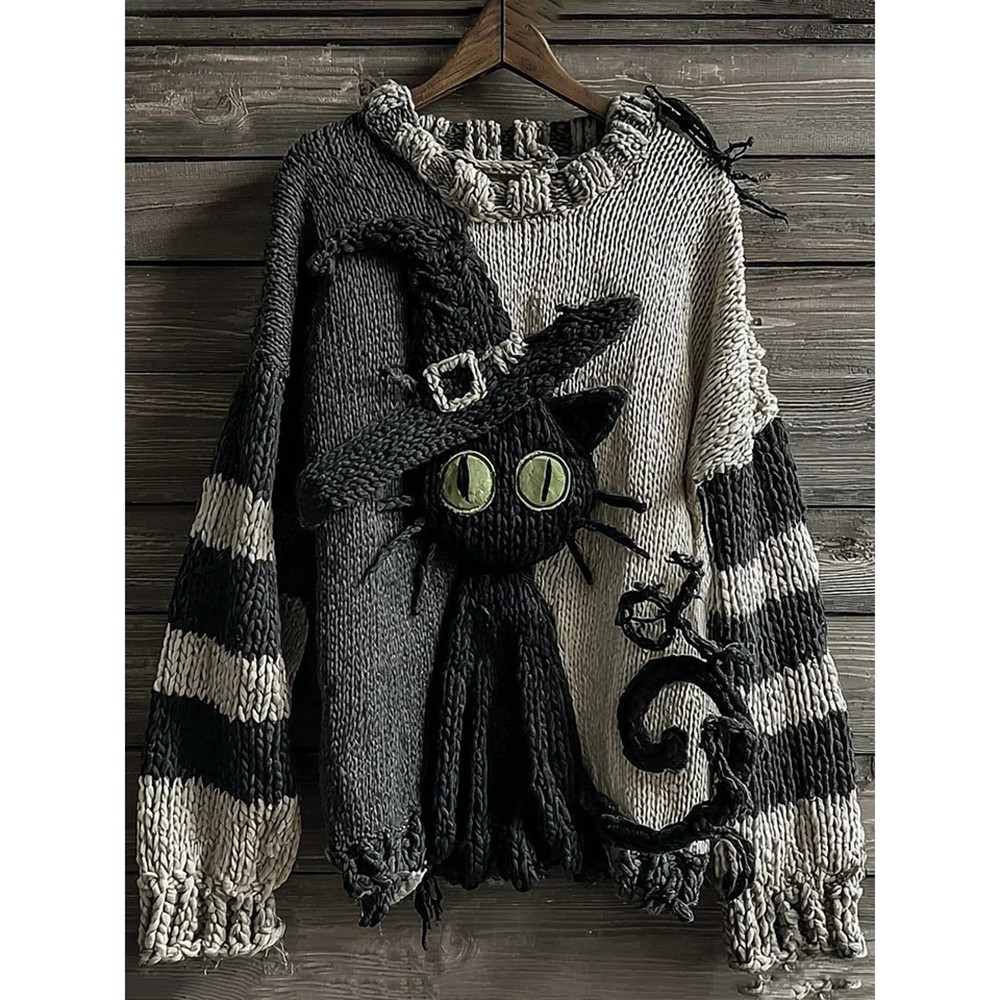 Halloween Black Cat Striped Knitted Warm Crew Neck Sweater