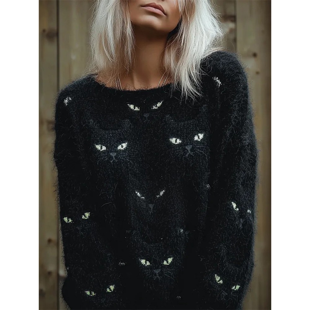 Black Cat Faces Fuzzy Cozy Knit Sweater