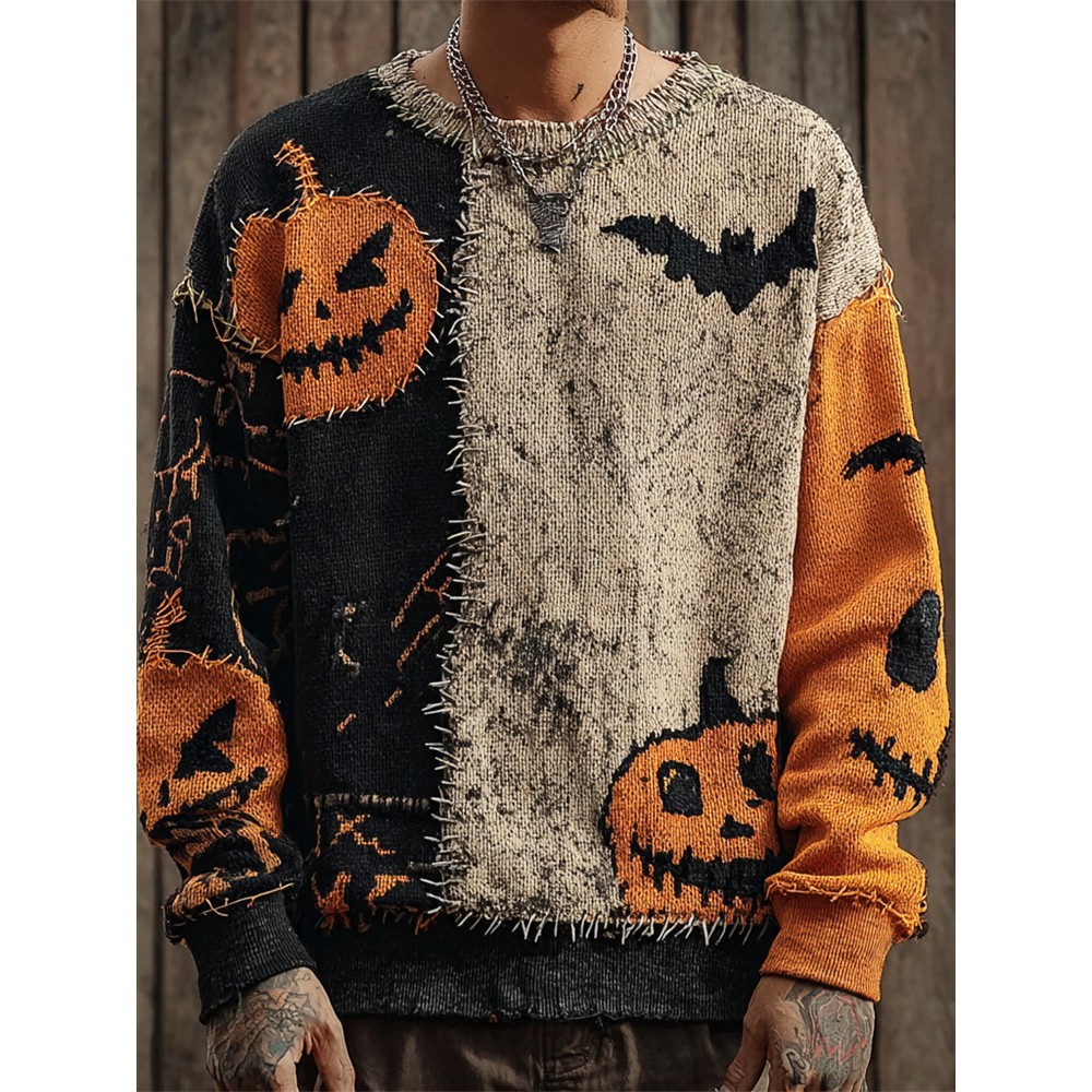 Pumpkin & Bat Irregular Patchwork Men's Sweater
