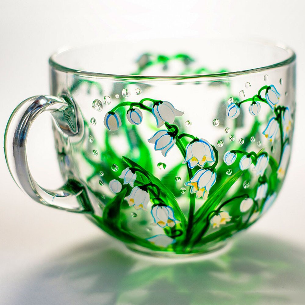 May Birth Flower Glass Mug Featuring Lily of the Valley Flowers Mother Day Gift Birthday Gift 