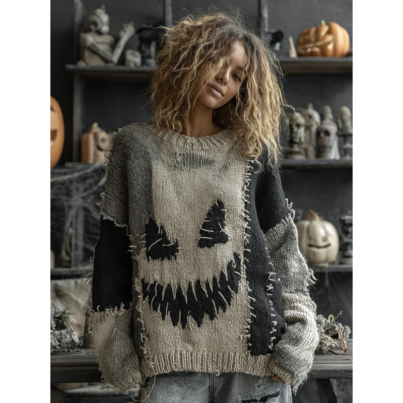 Halloween Spooky Face Contrast Stitched Cozy Knit Sweater