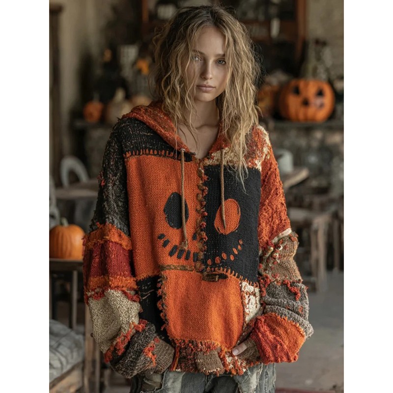Halloween Spooky Face Patchwork Stitched Cozy Knit Hooded