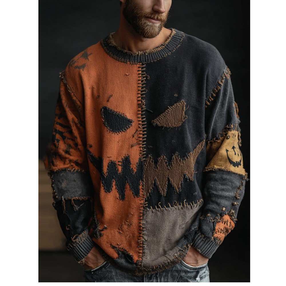 Men's Halloween Spooky Face Colorblock Stitched Cozy Knit Sweater
