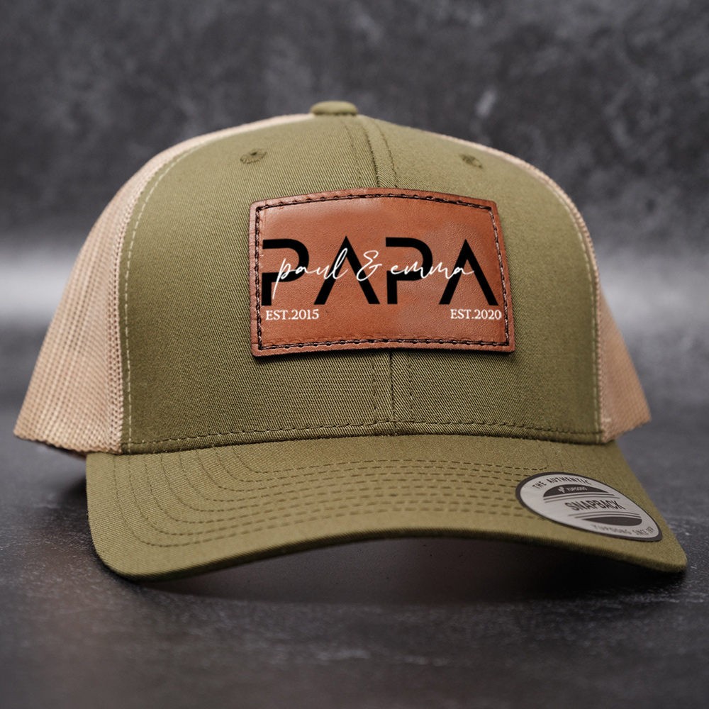 Personalized PAPA Hat with Kids Names Leather Patch Trucker Hat Father's Day Gift