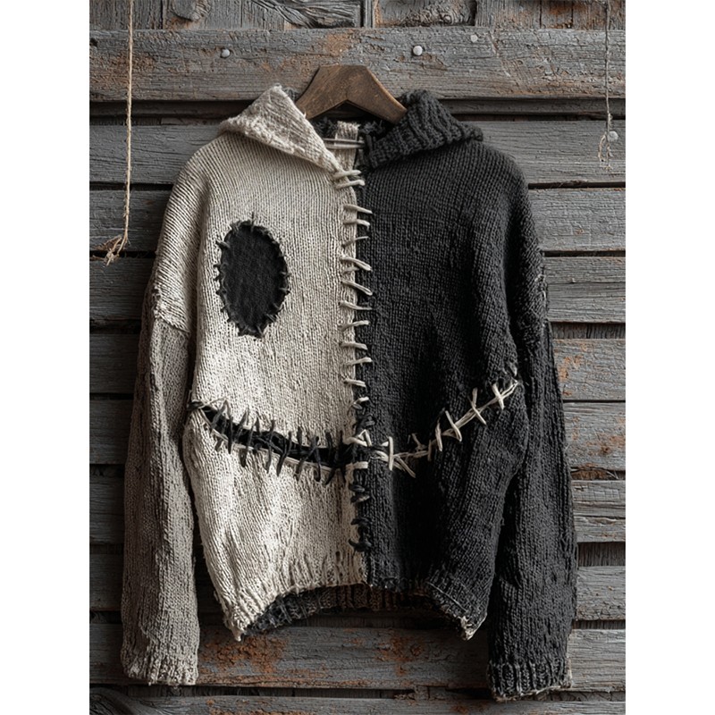 Men's Halloween Spooky Face Colorblock Stitched Hooded Cozy Knit Sweater