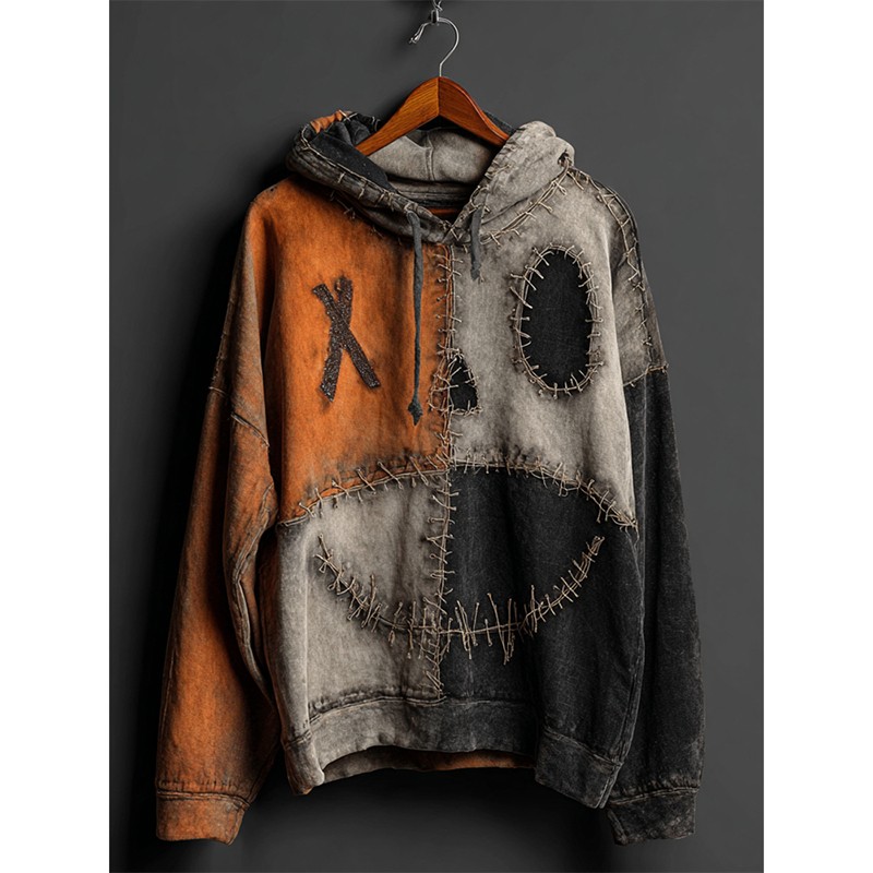 Halloween Pumpkin Face Colorblock Patchwork Hoodie