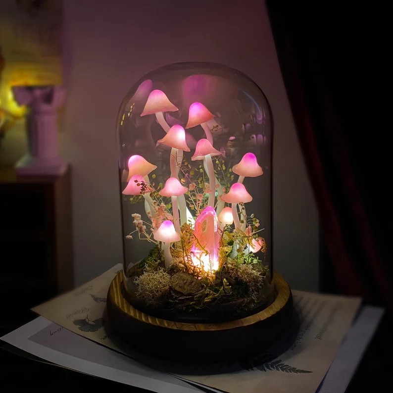 Fairy Tale Pink Mushroom Lamp with Glowing Crystal Christmas Gift
