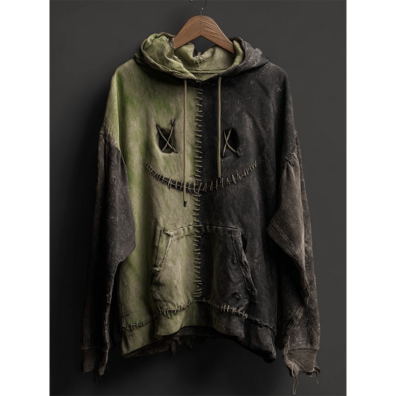Halloween Monster Face Contrast Patchwork Washed Hoodie