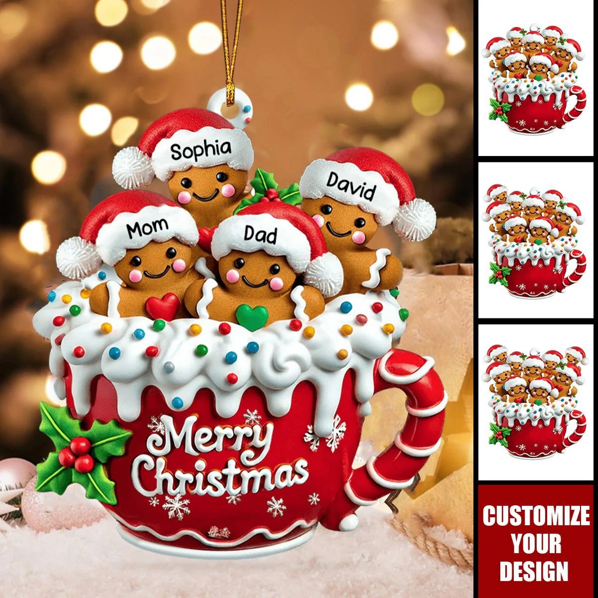 Personalized Gingerbread Family Ornament with Kids Names Christmas Decor