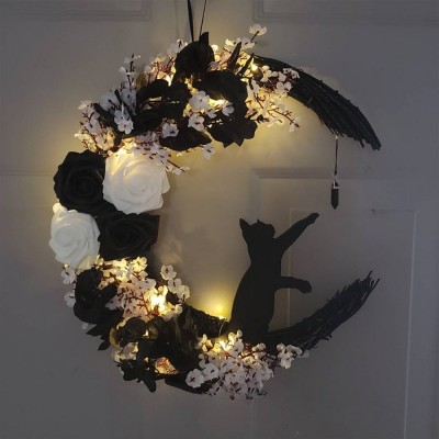 Black Cat Moon Wreath with Light Home Decor Christmas Wreath
