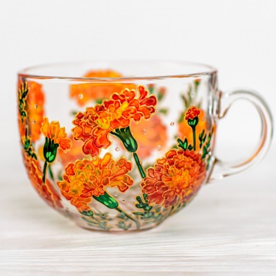 October Birth Flower Glass Mug Featuring Marigold Flowers Mother Day Gift Birthday Gift 